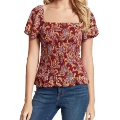 Wholesale 😉 Jessica Simpson Juniors Marie 👩 Womens Smocked Animal Print Pullover Top 🔔