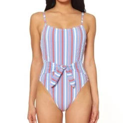 Flash Sale 🛒 Jessica Simpson 👩 Womens Striped Tie-Waist One-Piece 🩱 Swimsuit 🔥